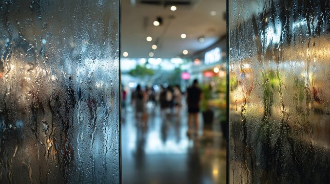 mall. Shopping mall interior viewed through foggy glass doors with blurred heat waves outside. real-estate listings.