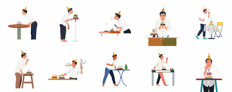 Collection of Illustrations Featuring a Young Man Celebrating His Birthday With Cake, Candles, Gifts, and Party Accessories in Flat Design Style