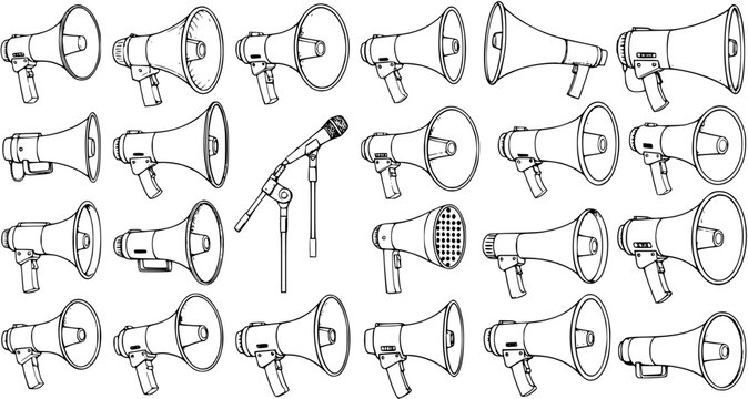 Hand-drawn Megaphone and Microphone Seamless Pattern Line Art. Loudspeaker Vector Illustrations for Communication, Protest, Announce, and Public Speaking Themes.