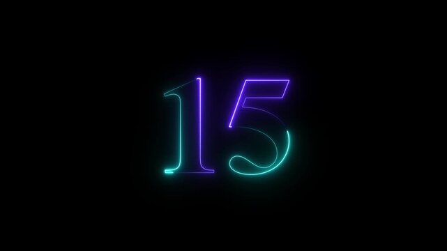 Neon glowing text 15 number icon on black background 4k animation. Neon number 15 with alpha channel, Green and purple neon 15 number. animation