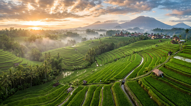 Aerial View of Lush Green Rice Terraces at Sunrise with Misty Mountains in Bali, Indonesia