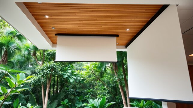 Modern interior features recessed projector, lush greenery visible outside. Clean lines, warm wood tones create inviting space.