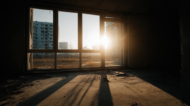 oligarchy. Urban ruin at dusk with soft light through a broken window onto a dusty floor. real-estate listings.