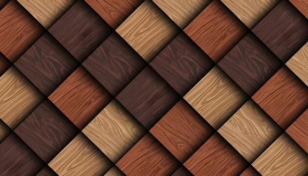 Elegant 3d interlocking wooden tile pattern with varying brown textures and shades
