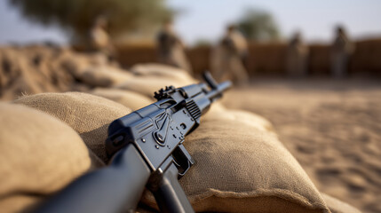 Obraz premium Assault rifle positioned on sandbags in trench during military patrol in desert combat zone.
