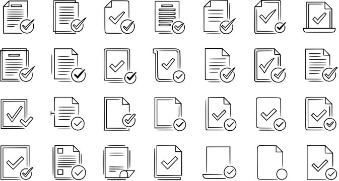 Collection of Hand-Drawn Document Icons with Checkmarks for Approval and Verification