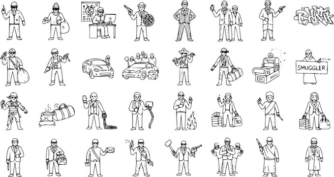 Hand-Drawn Black and White Icons of Criminals, Smugglers, and Law Enforcement Characters