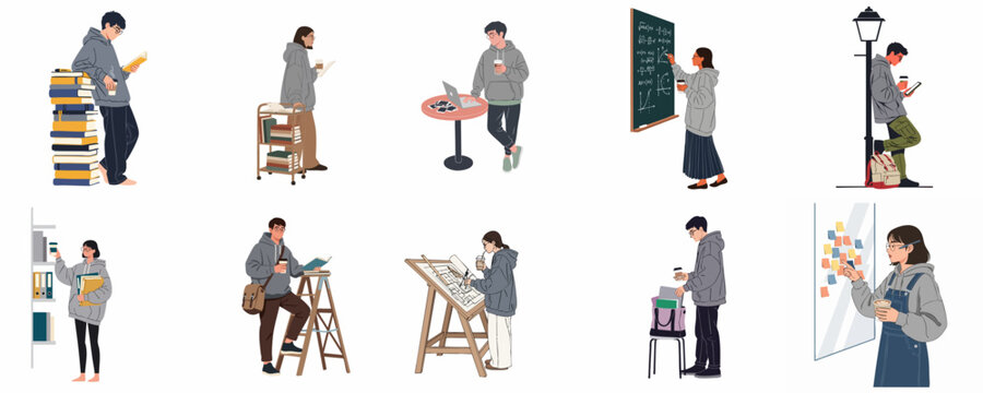 Set of young students and professionals engaged in academic and creative activities like studying, researching, designing, and brainstorming in casual outfits with coffee.