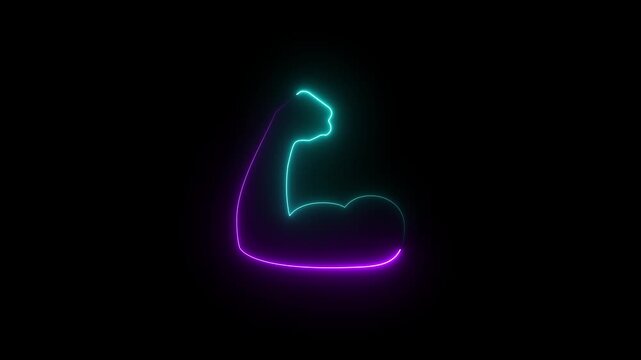 The blinking glowing neon of muscle icon, on a black background and 4k video animation.