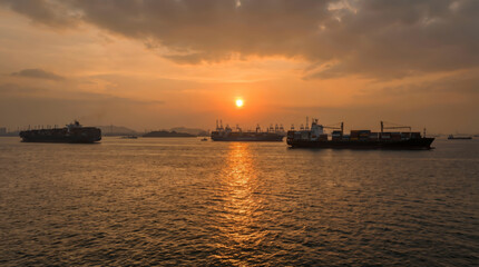 Obraz premium Global logistics and maritime trade concept featuring large container cargo ships anchored in the harbor at sunset with golden sunlight reflecting on the ocean water surface during dusk hours.