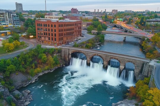 stone arched dam spilling multiple cascading waterfalls into a rushing river beside a large red brick industrial building with autumn trees and busy roads, a vibrant city evening scene