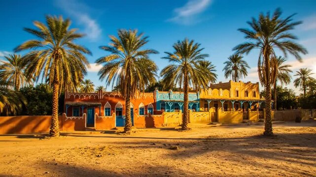 Scenic time-lapse of a colorful village with palm trees under a bright blue sky turning into a sunset