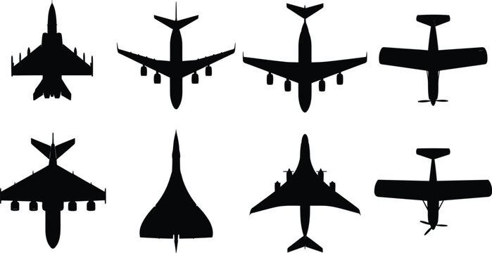 Collection of diverse aircraft silhouettes including military jets, commercial airliners, and propeller planes viewed from above