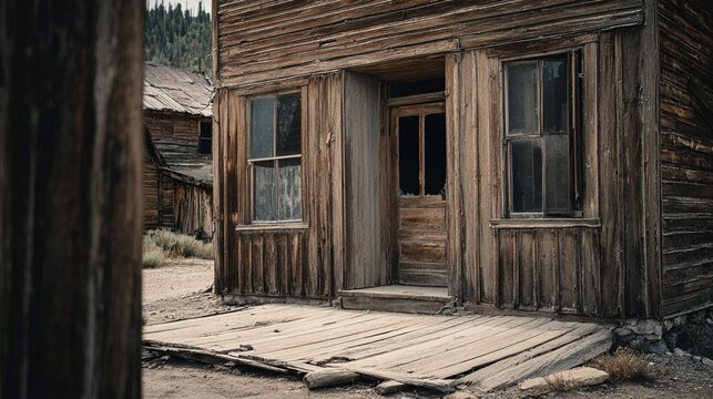 creaking. An empty street in a weathered ghost town with a solitary wooden house. real-estate listings, architecture portfolios, designed for architectural facade and classical detail presentations.
