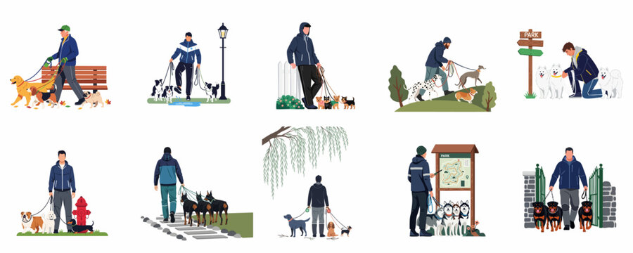 Collection of flat illustrations depicting professional dog walkers with various breeds of dogs in different outdoor settings like parks and city streets.