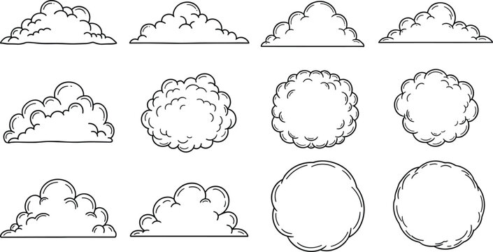 Set of cloud line art illustrations featuring different sky cloud shapes, weather elements isolated for design, background and decoration use