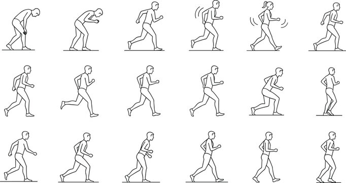 Sequence of human running motion stages from walking to sprinting isolated line art figures showing movement progression vector illustration set