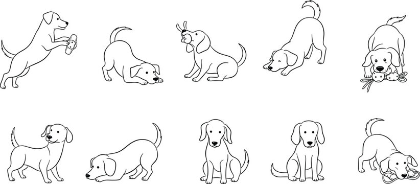 Set of cute dog line art illustrations in playful poses isolated on white background for pet design and coloring pages