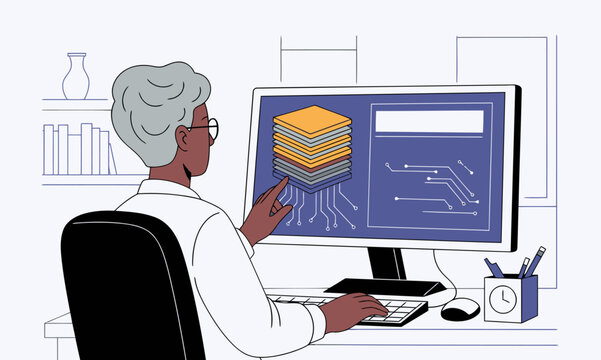A Chiplet stacking design engineer works on a computer, visualizing layered blocks. A modern, professional setting with a focus on technology and design.