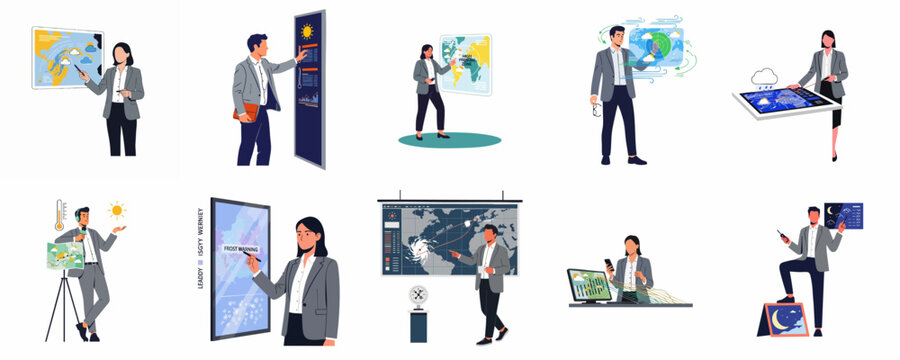 Set of diverse meteorologists presenting weather forecasts, analyzing climatic data, and monitoring environmental patterns using advanced digital maps and displays.