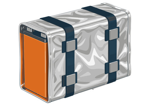 A stylized battery with thermal shield wrap, showcasing a modern, metallic design. Secure straps add a touch of industrial style. Ideal for tech, energy, or product visuals.