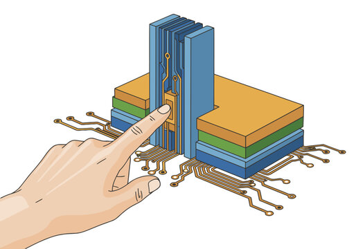 stylized illustration depicts a finger interacting with a detailed silicon interconnect chip Vibrant colors and layered textures showcase advanced technology