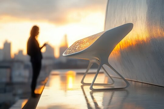 Futuristic sculptural seat on rooftop at sunset with reflective wet ledge, blurred city skyline and lone silhouetted person on phone conveying calm contemplation