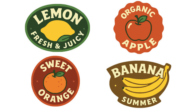 Fresh fruit logo stickers with organic apple, lemon, banana and orange