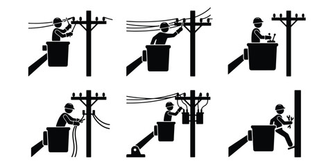 Electrician lineman stick figure icon set, utility worker repairing power lines on bucket truck, electrical maintenance technician vector collection © Farzana