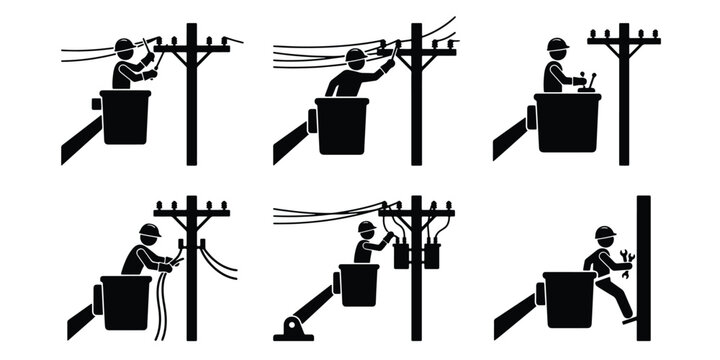 Electrician lineman stick figure icon set, utility worker repairing power lines on bucket truck, electrical maintenance technician vector collection