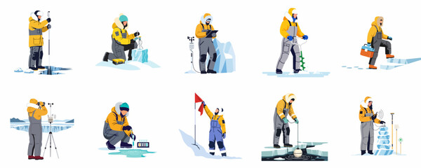Vector illustrations of polar researchers and scientists in winter gear performing various scientific experiments and measurements in an Arctic or Antarctic environment. © Yola