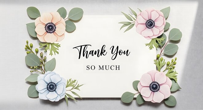 Beautiful thank you note featuring a lush floral border of colorful anemones and green foliage.
