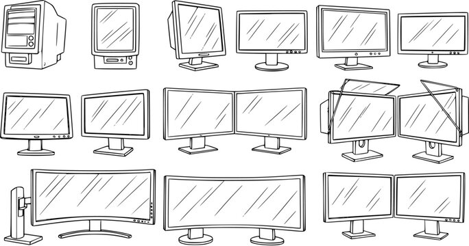 Hand-drawn vector sketch of various computer monitor types, including retro CRT, modern flat-screen, ultrawide curved, single, dual, and triple display setups, in black and white line art.