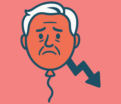 Cartoon illustration of a man with a sad expression and a downward arrow