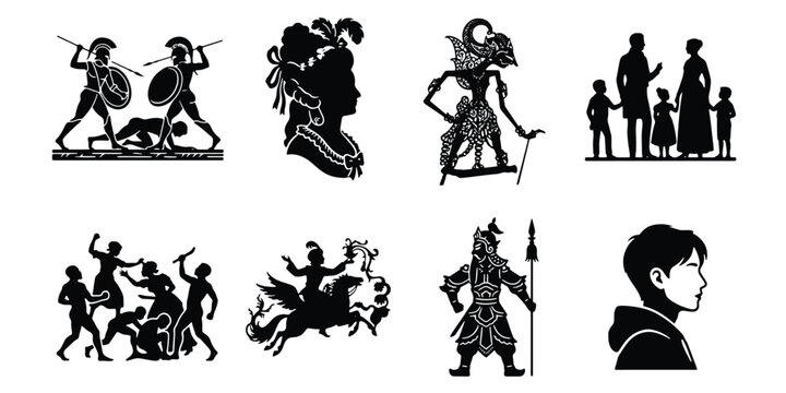 Vintage historical silhouette collection, 8 black vector icons of ancient warriors and cultural figures, traditional shadow puppets and classical portraits