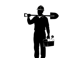 Fototapeta premium Silhouette of a construction worker holding a shovel and toolbox isolated on transparent background