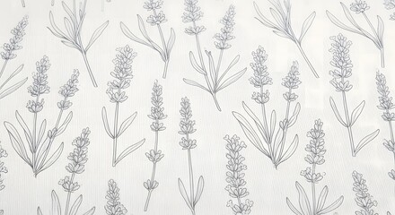 Fototapeta premium Elegant hand-drawn lavender flowers pattern in a minimalist pencil sketch style on a white background.