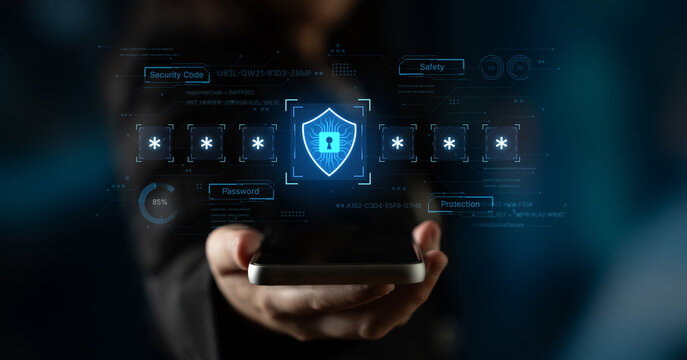 A concept of an advanced cybersecurity system. The futuristic interface shows a multi-factor authentication process using a secure password or PIN for enhanced data protection. Fermion