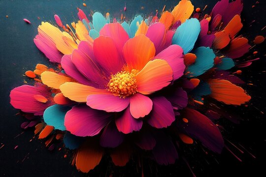 vibrant multicolored flower of painted petals with energetic paint splashes and textured brushstrokes, bursting with joyful, dynamic color