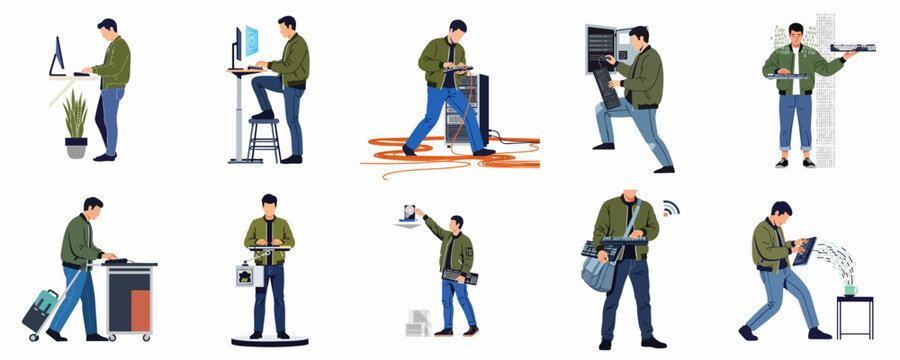 A collection of illustrations depicting an IT professional, system administrator, or programmer performing various technology-related tasks and troubleshooting in different scenarios.