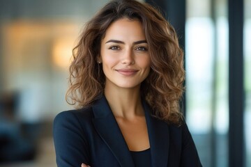 Fototapeta premium Confident professional woman in dark blazer with curly hair and blurred face standing in modern office with arms crossed