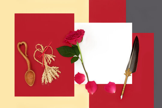 Love letter, rose flower for Valentines, love spoon, corn husk fertility symbol doll, quill pen on geometric background. Romantic design for handwritten note. 