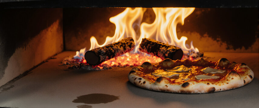 Artisanal italian pizza baking inside a traditional wood-fired stone oven