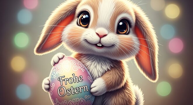 A cute cartoon bunny holding a colorful Easter egg with a happy expression on its face in a festive background