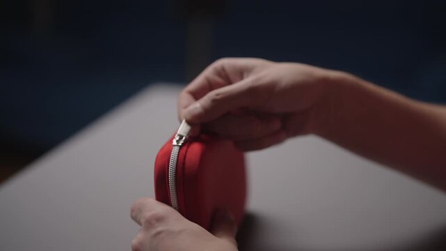 Detailed cropped shot of male hands opening and closing small red zippered case resting on table, illustrating repetitive motion of using zip fastener on personal pouch. Shooting in slow motion.