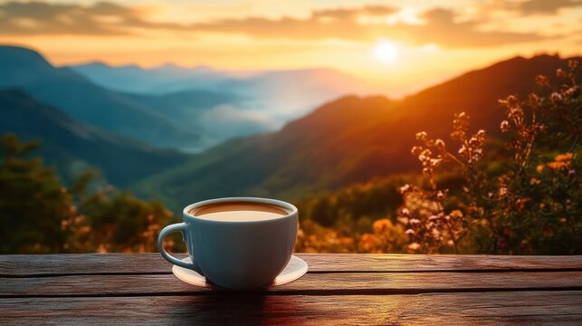 white coffee cup on wooden table overlooking misty mountain valley at sunrise with warm golden light and wildflowers, peaceful cozy morning mood