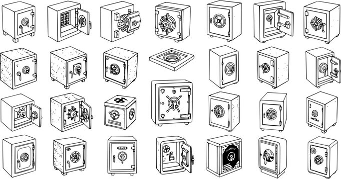 Isometric Vintage Safes Sketch Collection - Hand-Drawn Line Art Set of Various Strongboxes and Security Vaults