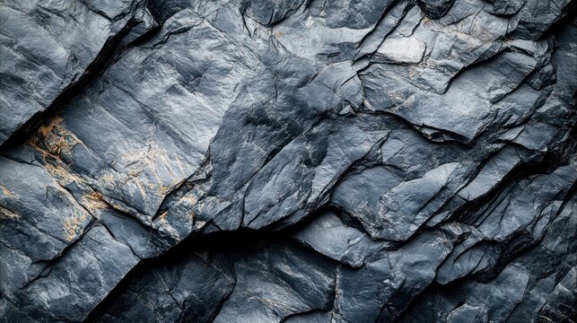 Moody dark layered slate rock with jagged fractures and thin golden mineral veins