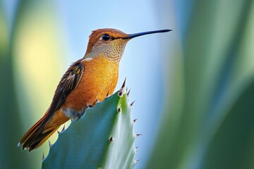 Fototapeta premium vibrant orange hummingbird perched on a spiny succulent leaf, calm and alert profile against a soft blue-green bokeh background