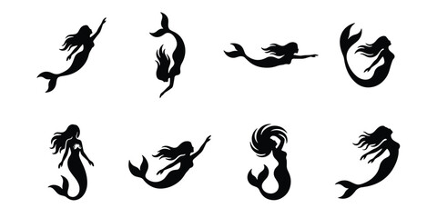 Fototapeta premium Mermaid silhouette collection, 8 black mythical sea creature icons, swimming mermaid vector set, fantasy ocean girl silhouettes for logo design
